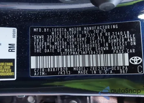 2021 Toyota Corolla Le from USA, damaged, VIN 5YFEPMAE1MP184203